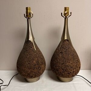 Mid Century Teardrop Shape Cork and Brass Sculptural Table Lamps, Laurel Lamp Co